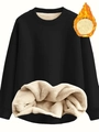Detail van zwart sweatshirt met ronde hals, dikke pluche sherpa-voering en geribde boorden - S / Zwart