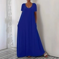 Short sleeve royal blue V-neck maxi dress with loose fit and functional side pockets - 1XL / Blue