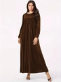 Detail showing the pleated waist and velvet texture of the brown long sleeve maxi dress - S / Dark Brown