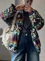 Fleecejacke mit ethnischem geometrischem Muster und buntem Retro-Print in lockerer Form - 1XL / Grün