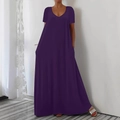 Women's deep purple V-neck short sleeve maxi dress with loose fit and side pockets - 1XL / Purple