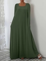 Robe longue élégante vert foncé à manches longues avec décolleté carré et coupe ample - Vert Militaire
