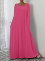 Robe longue femme à manches longues, col carré et poches, couleur rose vif éclatant - Rose rouge