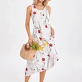 Elegantes ärmelloses Midikleid mit Rundhalsausschnitt und roten floralen Mustern - S / Weiß Blumig