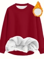 Women's minimalist dark red crew neck sweatshirt with thick warm fleece lining detail - Burgundy