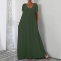 Deep green V-neck maxi dress with short sleeves and side pockets in a loose fit style - 1XL / Army Green