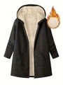 Women's long hooded fleece jacket in black with warm cream sherpa lining and zipper - 1XL / Black