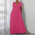 Short sleeve V-neck maxi dress in deep rose pink with a loose fit and side pockets - 1XL / Rose Red