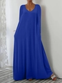 Minimalist dark blue V-neck long sleeve maxi dress with loose A-line silhouette - Blue