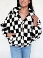 Women's black and white checkerboard fleece jacket with stand collar and zipper pockets - S / Black