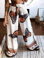 High waist wide leg trousers with colorful butterfly print and drawstring waist - S / White