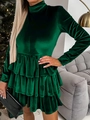 Elegantes dunkelgrünes Samtkleid mit Stehkragen, langen Ärmeln und gestuftem Rockteil - S / Grün