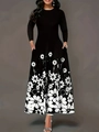 Abito lungo autunnale da donna a maniche lunghe nero con stampa a margherite e tasche laterali - 3XL / Nero