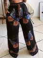 Bohemian high-waist wide-leg trousers with vibrant blue and orange butterfly prints - S / Black