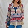 Women's casual zip-up hoodie with vintage ethnic geometric print and drawstring hood - S / Red