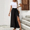 Dames zomerset met wit T-shirt en zwarte broek met hoge taille en zijsplit en wijde pijp - S / Zwart