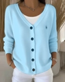 Detail of light blue knit cardigan with V-neck and dark blue buttons for a casual look - S / Sky Blue