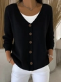 Detailed view of women's V-neck knit cardigan in black with stylish brown buttons - S / Black