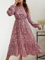 Langärmliges Blumenkleid aus Milchseide mit hoher Taille und elegantem Rüschensaum - S / Rosa
