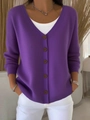 Deep purple V-neck knitted cardigan with elegant ribbed texture and brown buttons - S / Purple