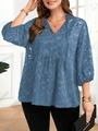 Elegante camicetta blu jacquard con scollo a V, maniche a campana e orlo a balze - 1XL / Verde petrolio
