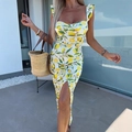 Elegant white summer midi dress with lemon print, ruffle straps and side slit detail - Lemon Yellow