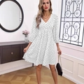 Robe blanche élégante à pois noirs, col en V, manches longues et taille haute élastique - S / Blanc