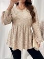 Top peplum da donna in maglia a nido d'ape beige con maniche a lanterna e girocollo - 1XL / Albicocca