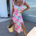 Slim fit light blue summer midi dress with pink floral print and side slit detail - Deep Pink