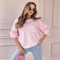 Felpa rosa con stampa leopardata, girocollo e maniche lunghe da donna stile casual - S / Rosa