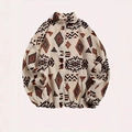 Vintage ethnic print fleece jacket in cream with geometric patterns and stand collar - S / Apricot