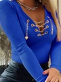 Elegant royal blue V-neck ribbed knit top with golden chain detail and long sleeves - Blue