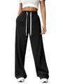 Women's black high waist wide leg sweatpants with white drawstring and loose straight cut - Black