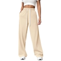 Women's beige drawstring elastic waist wide leg sweatpants in a relaxed straight fit - S / Bottoms / Apricot