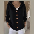 Cárdigan de punto negro con capucha para mujer y botones de madera grandes en estilo casual - Negro