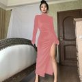 Detail of high-neck slim-fit coral dress with side split and long sleeves - S / Pink