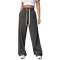 Women's dark grey wide leg casual sweatpants with elastic waist and white drawstring - S / Bottoms / Dark Gray