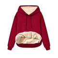 Close-up of red hoodie featuring warm white sherpa lining and ribbed knit cuffs - S / Burgundy