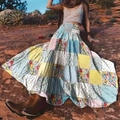 Bohemian floral patchwork maxi skirt with high elastic waist in blue and yellow - S / Colorful