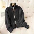 Women's elegant black stand collar fleece jacket with zipper and plush texture finish - 1XL / Black
