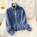 Women's elegant blue fleece zip-up jacket with stand collar and textured soft fabric - 1XL / Blue