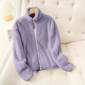 Elegant light purple fleece zip-up jacket with stand collar and plush warm texture - 1XL / Purple