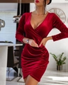 Elegant deep red velvet wrap dress with V-neck, long sleeves and asymmetrical ruched hem - S / Burgundy