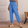 Women's lake blue cotton linen cropped tapered pants with elastic high waist and pockets - S / Sky Blue