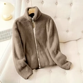 Veste élégante en fausse fourrure marron foncé pour femme avec col montant zippé - Kaki