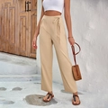 Pantalon large taille haute pour femme en lin kaki avec taille réglable à cordon - S / Abricot