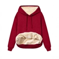 Women's burgundy hooded sweatshirt with thick cream faux fleece lining and front pocket - S / Burgundy