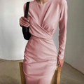 Detailed wrap waist design with elegant pleats on a dusty pink long sleeve dress - S / Pink