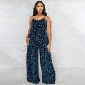 Women's summer sleeveless jumpsuit with blue leopard print and wide leg silhouette - Navy Blue