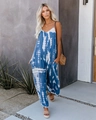 Blue and white tie-dye wide leg jumpsuit with spaghetti straps and deep V-neckline - S / Blue
